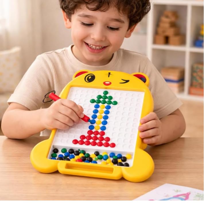 Image of Yellow Magnetic Drawing Board for Kids - Magnetic Mosaic Puzzle Board with Color Beads, Magnetic Pen & Pattern Cards - Educational STEM Learning Toy for Kids - (Pack of - 1)