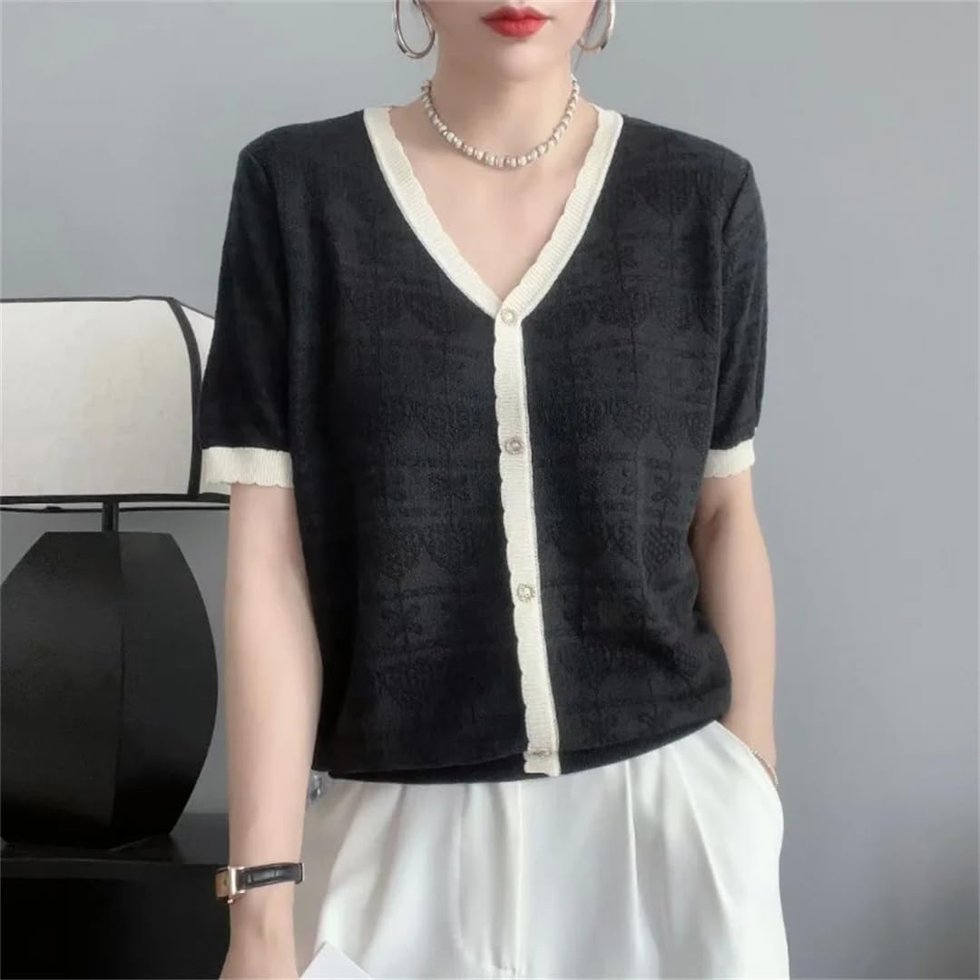 Wjnvfioo Estate Jacquard Moda Scollo a V Pullover Manica Corta T-Shirt Donna Patchwork Button Knit Sottile Top