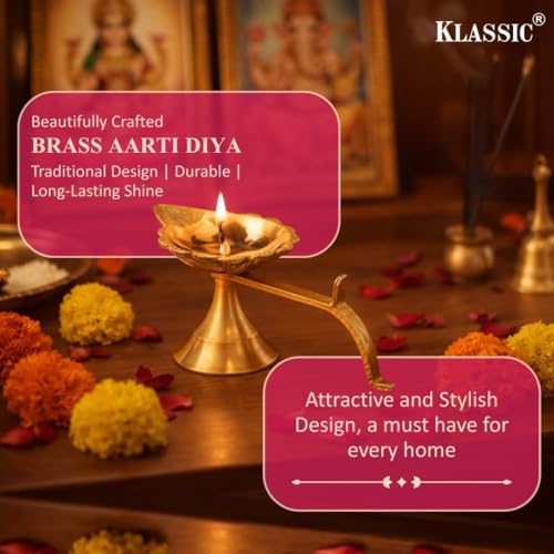 Image of Klassic Pure Brass 5.7 Inch Large Arti Diya for Puja | Traditional Deepak for Home Temple Mandir & Daily Pooja | Decorative Brass Oil Lamp for Diwali Gifting & Festive Decor | Pack of 1