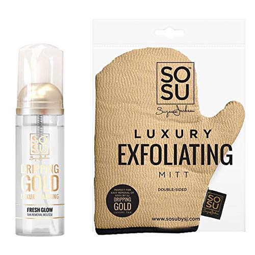 SOSU Tanning Removal Kit! Includes Dripping Gold Tan Removal Mousse 5 Oz and Tanning Mitt! Enriched With Vitamins A And E Tan Removal Mousse! Double-Sided Luxury Exfoliating Tan Mitt (Tan Removal Kit)