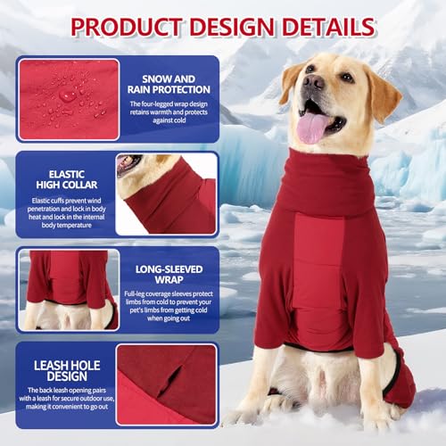 Image of BRKURLEG Full Body Dog Winter Coat Warm Fleece Pullover Pajamas, Four Legs Covered Windproof Dog Jacket for Small to Large Dogs, Turtleneck Dogs Snowsuit, Pet Cold Weather Clothes, Red XXXL