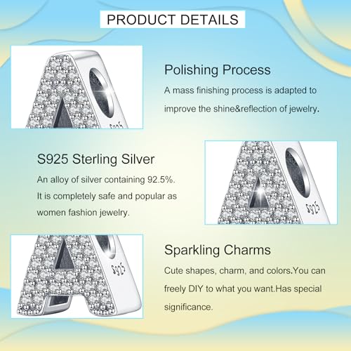 Letter Charms Fits Pandora Bracelets S925 Sterling Silver Initial Charms for Bracelets Alphabet A-Z Letters Bead Bracelets Necklace Pendent with Cubic Zirconia for Women Birthday Ceremony DIY Jewelry 5