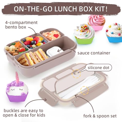 Image of QQKO Bento Box Adult Lunch Box, Lunch Containers for Adults Men Women, Kids Lunch Boxes for School with 4 Compartments, Sauce Container, Utensils and Muffin Cups, Brown