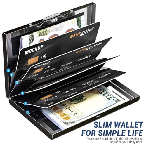 Image of FELSTAR Customized /Personalized Name Engraved RFID Blocking Metal Smart Credit /Debit ATM Card Holder Wallet 6 Slot Holds 10-12 Cards for Men and Women Black