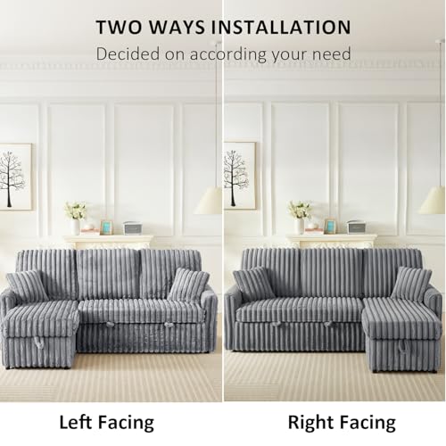 Image of KCGKCG 81 inch Sleeper Sofa Bed with Storage Chaise & USB Charging, Plush Corduroy L-Shaped Pull Out Couch Bed, Sectional Couches for Living Room with Cup Holder, Side Pocket(Light Grey)