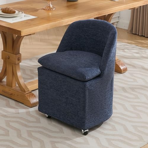 ceeyloop 058-Set of 2 Chenille Fabric Dining Chairs with Universal Wheels (Blue—A)