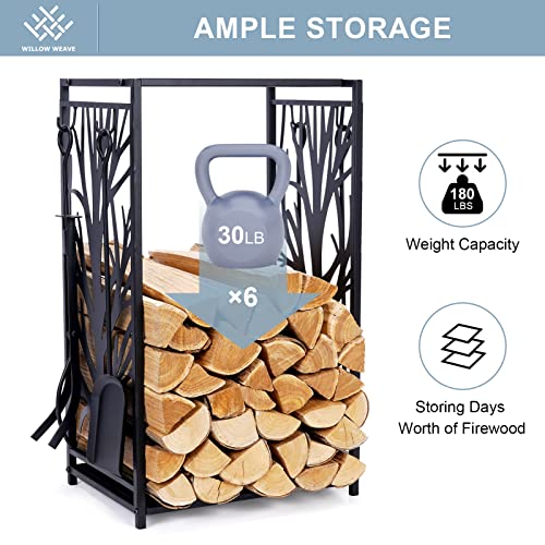 WILLOW WEAVE Firewood Rack Fire Log Holder Storage Set with 4 Tools Brush, Shovel, Poker, and Tongs, Easy to Use and Clean, Decorative Fireplace Wood Rack, Great Space Saver for Indoor/Outdoor