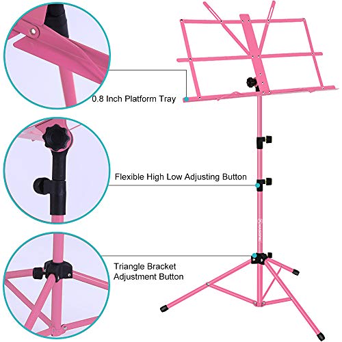 Music Stand, Kasonic 2 In 1 Dual-Use Folding Sheet Music Stand & Desktop Book Stand, Portable And Lightweight With Music Sheet Clip Holder & Carrying Bag Suitable For Instrumental Performance (Pink) #TOP3