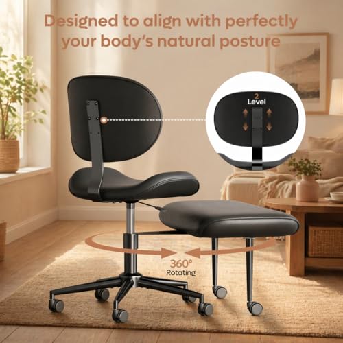 Image of Pinmoco Ergonomic Cross Legged Chair with Wheels - Adjustable Height Meditation & Yoga Chair for ADHD, Wide Criss Cross Design with Lumbar Support, PU Leather, Black