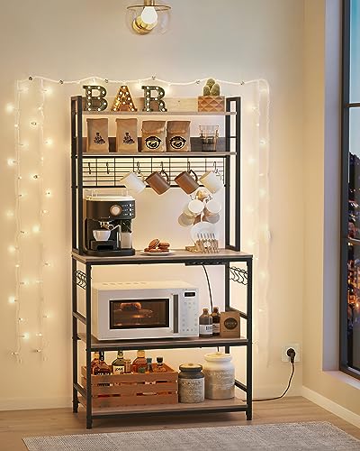 VASAGLE Küchenregal, Standregal mit Steckdosen, Mikrowellen-Regal, mit Gitterplatte, 14 Haken, 40 x 80 x 170 cm, Greige-schwarz KKS025B02EU