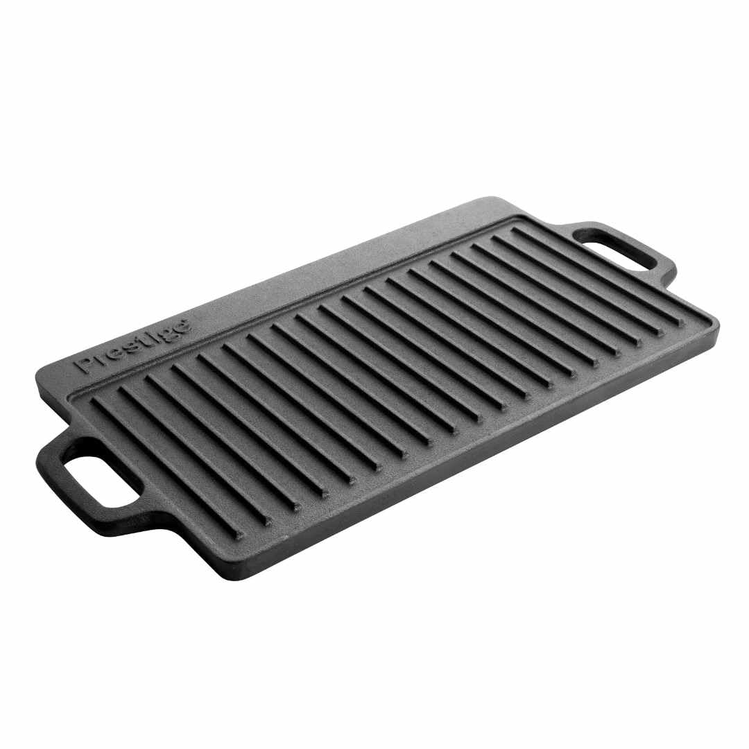 Prestige Cast Iron Double Sided Griddle Pan – Flat and Raised Sides, Pre-Seasoned, Non-Toxic, Induction & Oven Safe, Easy Clean, Black