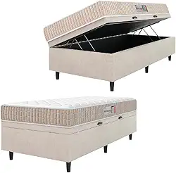 Cama Box Baú Colchão Solteiro Espuma D33 New Millenium 88x188x60cm Branco/Bege Hellen - Suporta até 120kg por Pessoa