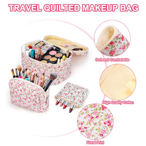 BABORUI Quilted Makeup Bag – Large Travel Cosmetic Bags for Women, Cotton Padded Toiletry Organizer with Compartments – Lightweight & Durable for Travel or Daily Use3