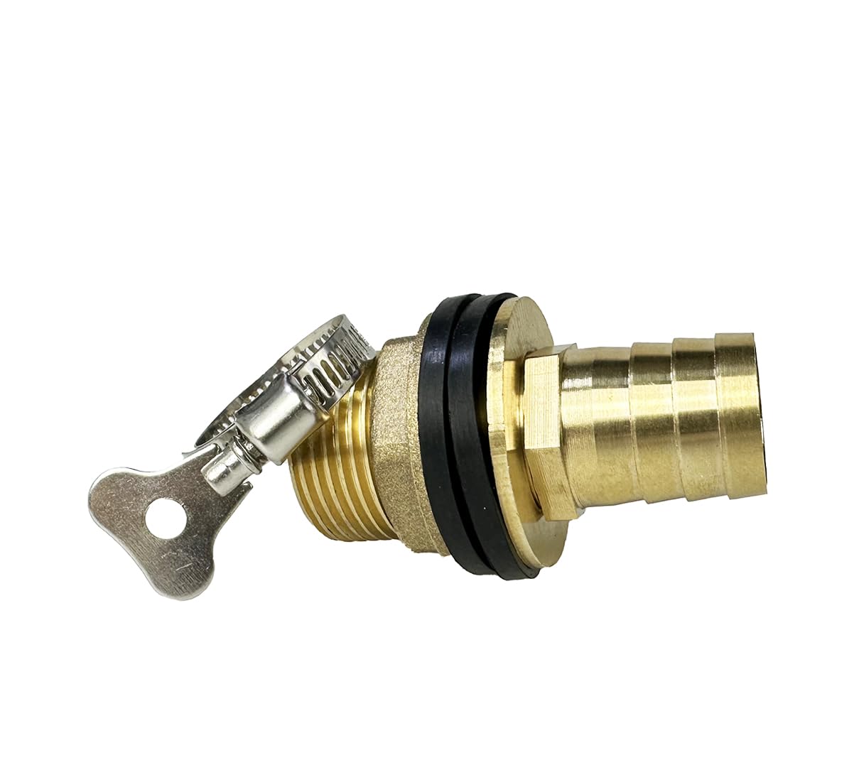 Kit de conector de latón macizo para agua – Rosca hembra de 3/4 pulgadas, rosca macho de 1 pulgada, lengüeta de manguera de 25 mm con sellos y abrazadera – Adaptador de tanque de barril de lluvia a