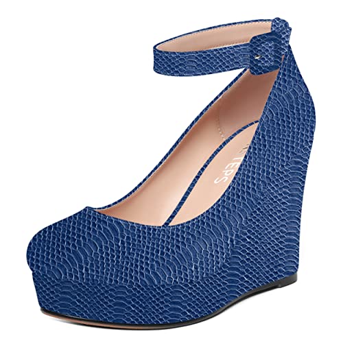 MOVINSTEPS Womens Round Toe Platform Ankle Strap Patent Night Club Sexy Buckle Wedge High Heel Pumps Shoes 4 Inch