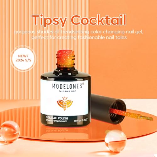 Image of modelones Fall Gel Nail Polish Orange Color Changing Glitter Coral Temperature Mood Changed Halloween Nail Polish Soak Off Autumn Color Manicure Home DIY Gifts 15ml