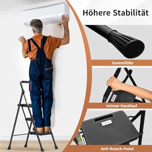 HBTower Trittleiter 3 Stufen klappbar, Leiter mit Breitem Anti-Rutsch-Pedal, Trittleiter mit Bequemer Handlauf, Tragbarer Tritthocker aus Stahl, Schwarz