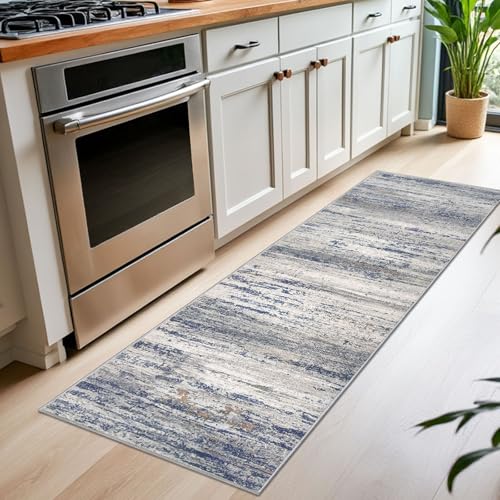 KOZYFLY Modern Abstract Washable Rug Runner 2x7 Hallway Runner Rug Non-Slip Soft Kitchen Runner Rugs, Print Distressed Grey-Blue Striped Carpet Runner for Entryway Bathroom Laundry Room Foyer