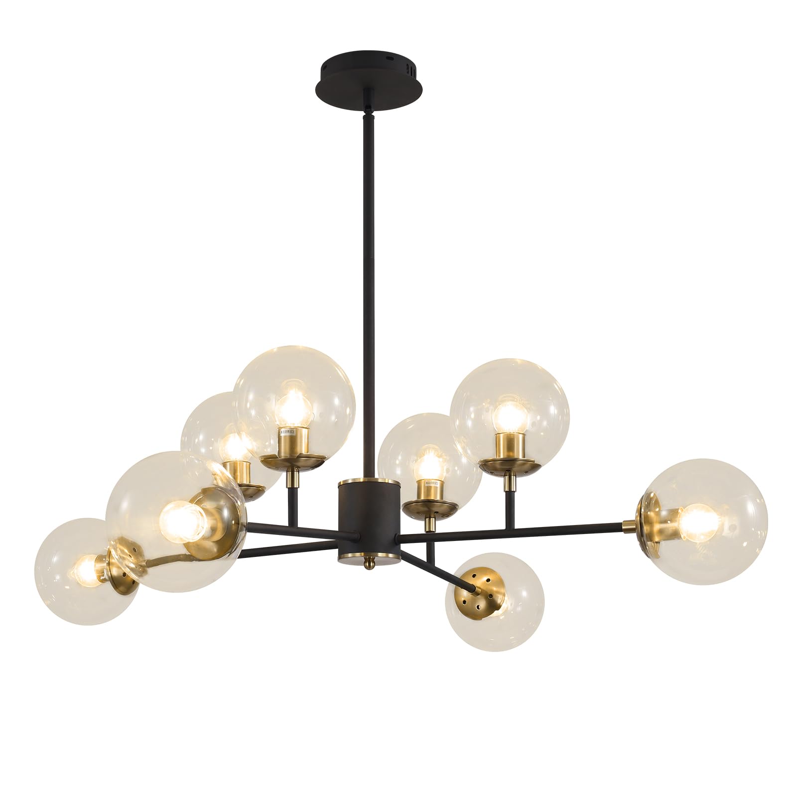 KCO Lampadario Sputnik Nero a 8 Luci per Soggiorno, Lampadario con Sfere di Vetro Ambra per Camera da Letto e Sala da Pranzo, Diametro 90 cm, Altezza Regolabile, Attacco E27