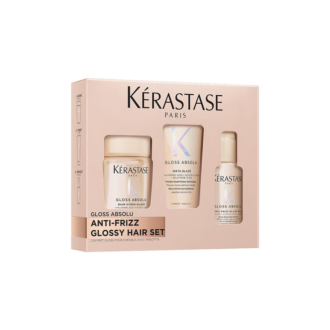 Kérastase, Gloss Absolu, Pflegeroutine mit Shampoo (80 ml), Haarspülung (75 ml) und Hitzeschutz (45ml), Probierset für langes, zu Frizz neigendes Haar