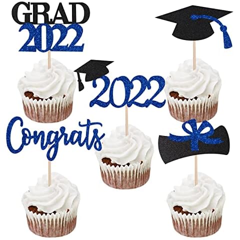 20PCS Graduation Theme Cupcake Toppers Grad 2022 Glitter Cupcake Topper Food Appetizer Picks for Graduation Party Decorations Blue Cover