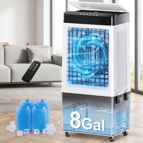 Image of Uthfy 3200CFM Swamp Cooler, 40 inch Evaporative Air Cooler with 8Gal Detachable Water Tank, 120 Oscillation, Remote, 12H Timer, 3 Speeds, Portable Cooling Fan for Home, Garage, Patio, Workshop