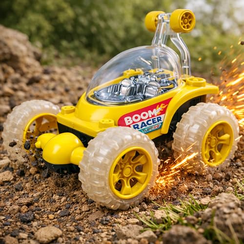 Image of Stunt Car Toy for Kids with 360 Rotation & Flashing Lights | Off-Road Spinning Racing Vehicle with Big Rugged Wheels | Battery Operated Action Car Toy for Boys & Girls (Boom Racer Yellow)