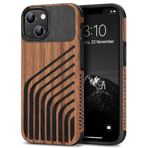 TENDLIN Cover Compatibile con iPhone 14 Custodia in Legno con Carbonio e Pelle Compatibile con iPhone 14 (Hairline)