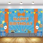 Cartoon Orange Blue Theme Happy Birthday Photography Backdrop, 5x3ft Background Photo Booth Banner Props for Kids Girls Boys Birthday Baby Shower Holiday Party Decorations Supplies