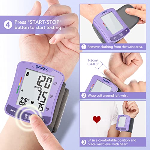 Sejoy Blood Pressure Monitors For Home Use, Blood Pressure Cuff Wrist, Blood Pressure Monitor Machine, Bp Cuff Automatic Wrist-120 Memories 5.3"-8.5" Adjustable Cuff-Storage Bag Batteries, Purple #TOP7