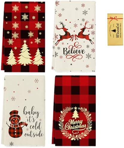 Wironlst Christmas Kitchen Hand Dish Towels 4PCS,Buffalo Plaid Holiday Thickened Tea Towel 18x26 for Christmas Kitchen Indoor Decoration
