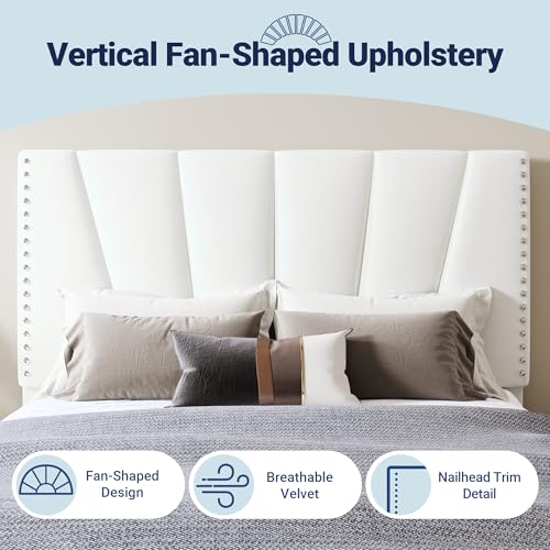 Image of Allewie Full Size Velvet Platform Bed Frame with Adjustable Headboard White | Height-Adjustable Velvet Headboard, Rivet-Style Nailhead Trim, Wooden Slat Support, No Box Spring Needed, Easy Assembly