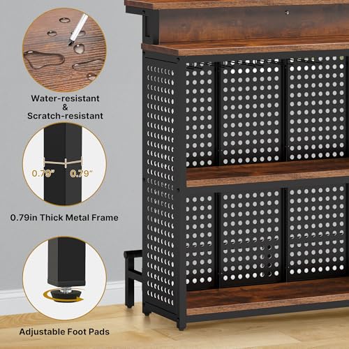 DWVO LED Mini Home Bar Unit with Music Sensing Light, Liquor Wine Cabinet with Storage, Bar Table Top Alcohol Storage Shelf Glasses Rack Footrest for Kitchen Pub Living Room, Rustic Brown
