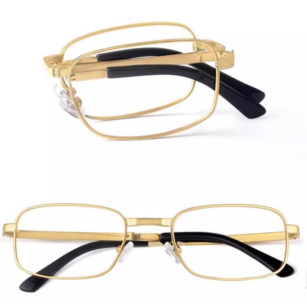 Faltbare Lesebrille Progressiver Multifokus Lesebrille Mini Tragbare Lesehilfe Titan Rahmen Computerbrille Mode (Golden,+2.0)(+1.5)