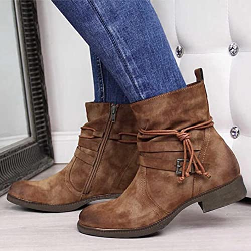 Hbeylia Vintage Boots For Women Casual Suede Lace Up Round Toe Chunky Block Low Heels Ankle Booties Western Cowgirl Cowboy Boots With Side Zip Winter Fall Dress Short Boots For Work Riding Boho Travel2