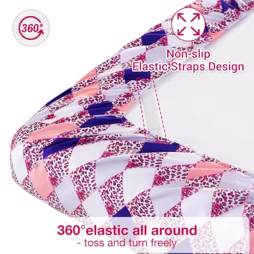 Image of Softan Geometric Argyle Leopard Print Full Sheet Set, Patterned Microfiber Bed Fitted Sheets with 15 inch Deep Pocket & Non-Slip Corner Straps, Pink Purple Modern Aesthetic Double Sheets & Pillowcase Set