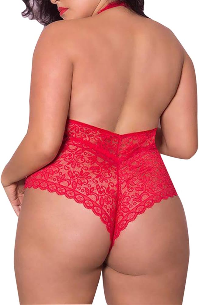 Women's Plus Size High Neck Teddy, Sexy Plunging Neckline Keyhole Scalloped Lace Trim Open Back Lingerie: Clothing