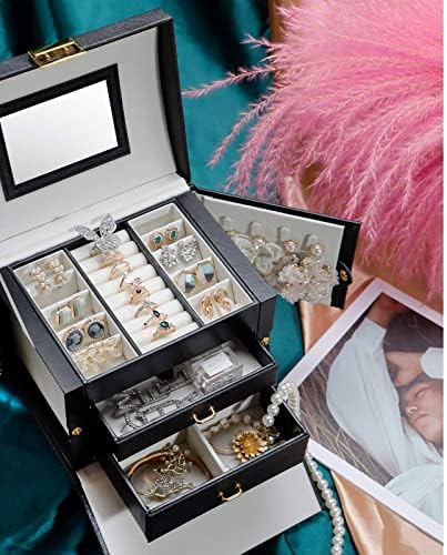 Jewellery Box Earring Rings Jewellery Organiser with 2 Drawers Portable PU Leather Small Jewelry Storage Case with Mirror and Lock Gift for Women Girls