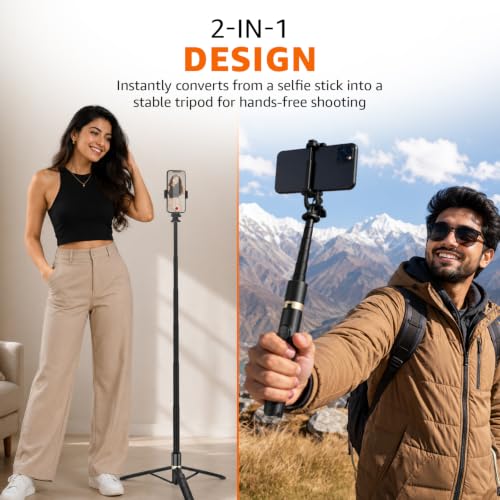 Image of Amazon Basics 61 inch Long Selfie Stick Tripod with Bluetooth Remote, Aluminium, 360 Rotatable Phone Holder, 1 /4 inch Screw for Camera & Ring Light, for Vlogging, Live Streaming & Travel