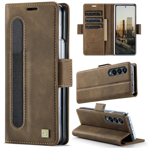 XKchatpt Wallet Case for Samsung Galaxy Z Fold 3 PU Leather Case with Pen Holder Phone Case with [RFID Blocking][3 Card Holder] Shockproof Protective Cover for Samsung Galaxy Z Fold 3 (Brown)