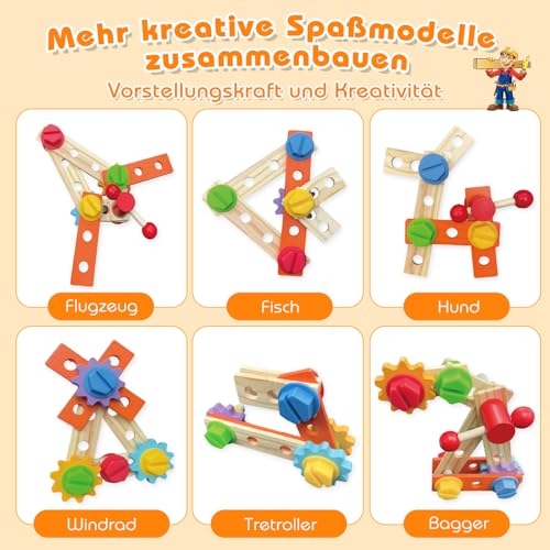 Nauotk 2 in 1 Werkzeugkoffer Kinder Feuerwehrfahrzeug aus Holz Werkzeug – Ansicht 5