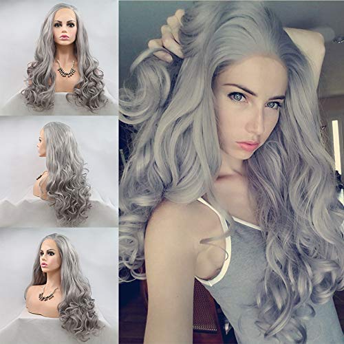 Skyvan Natural Looking Silver Grey Body Wave Lace Front Wig Free Part 24 Inches Long Synthetic Hair Heat Resistant with Wig Caps