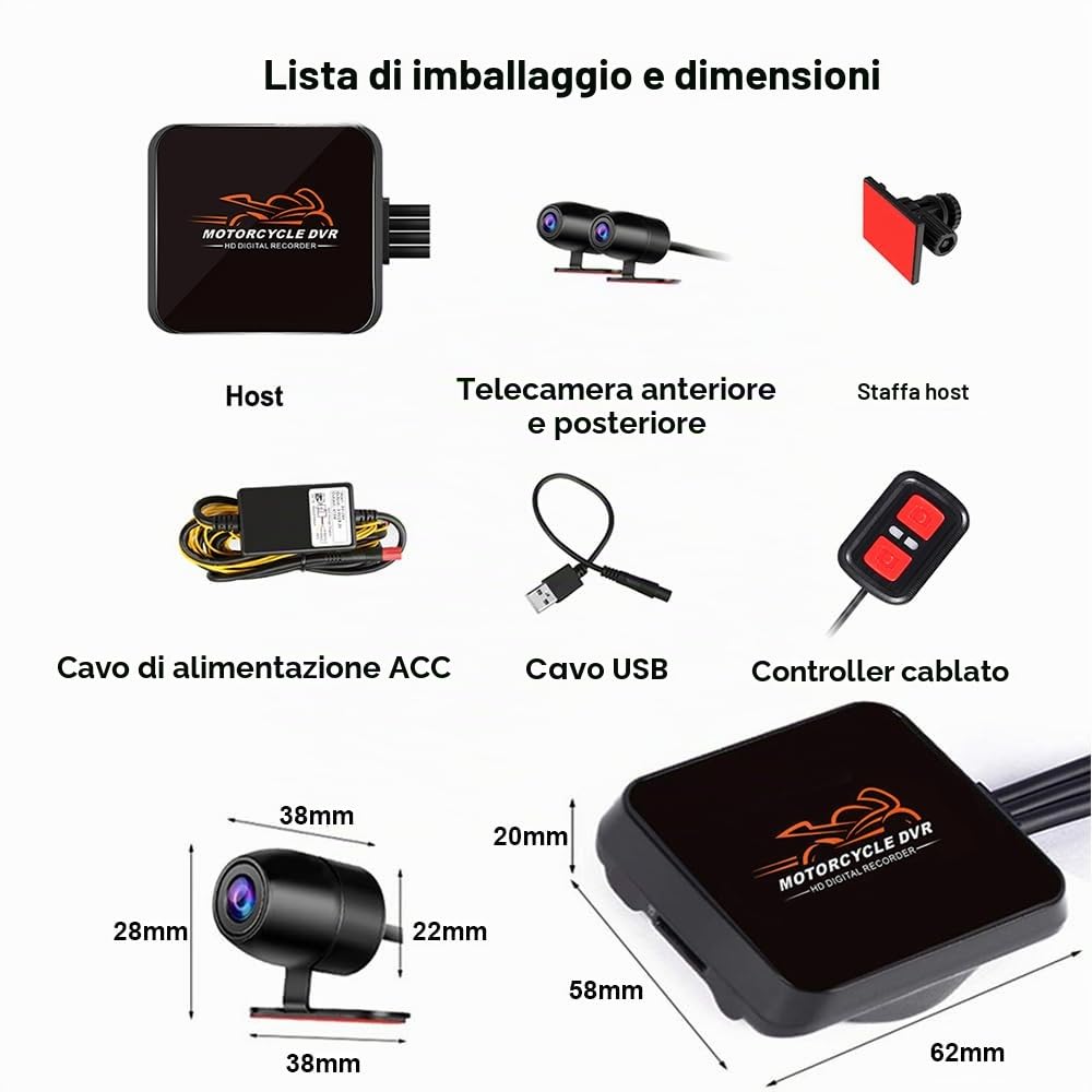 VSYSTO Doppio Canale Moto Video Driving Recorder Dash Cam Anteriore e Posteriore 1080P Moto Fotocamera 130 gradi, con WiFi, Visione Notturna