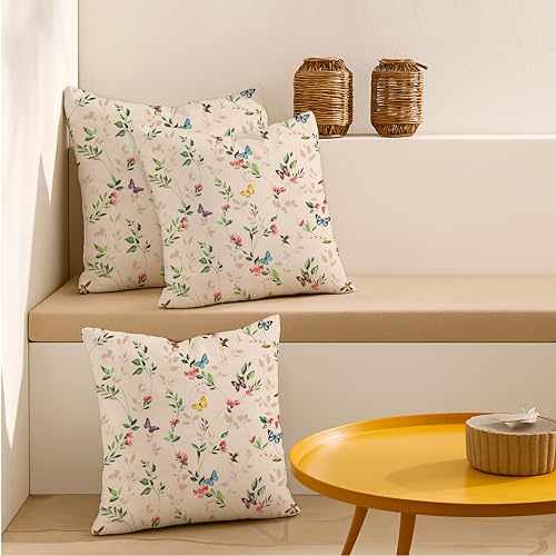 Image of Jaipur Weaves Cushion Cover 16 Inch X 16 Inch - Set of 3, Butterfly Garden 260 GSM Decorative Soft Cushion Covers for Sofa /Bed /Chair, Gift for Home Decor (Cream Garden, 3)