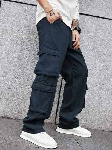 Image of Men's 8 Pocket Cargo Pants | Premium Cotton Twill Baggy Fit Trousers | Stretchable Casual Streetwear Cargos | Mid Rise