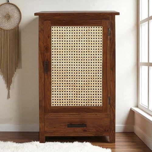 Image of The Attic Sheesham Mini Glazed Bookcase with Cane, Multipurpose for Living Room Bed Room Study, Solid Wood, Honey Matte Finish