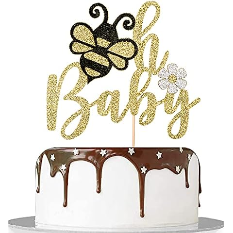 Artczlay oh baby cake topper/little bee cake decoration/gold glitter baby shower cake topper/gender display party/baby party photo booth props Cover