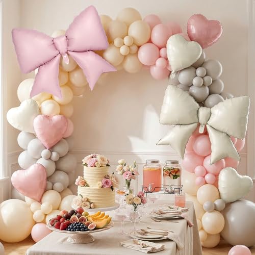 Image of 12 Pcs 18 Inch Heart Balloons and 38 Inch Bow Balloons, Large Foil Bow Heart Balloon Bow Party Decorations for Birthday Baby Shower Valentines Wedding Party