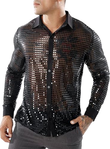 AIEOE Camisa de manga larga para hombre con purpurina, estilo retro, para fiestas, disfraz de los años 70, para carnaval, camiseta de lentejuelas, Negro , XL