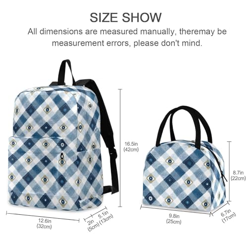 Evil Eye Checkered Print Backpack Set with Lunch Bag, Large Capacity Travel Backpacks and Lunch Box Insulated for Commute Hiking Picnic2